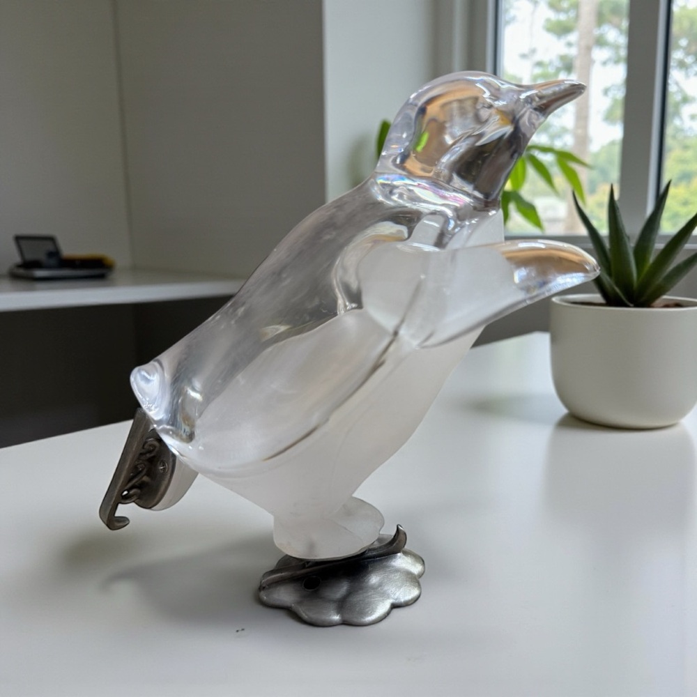 1950's Movie TV Prop MCM Lucite Penguin On Ice Skates Clear & Frosted 5” Tall